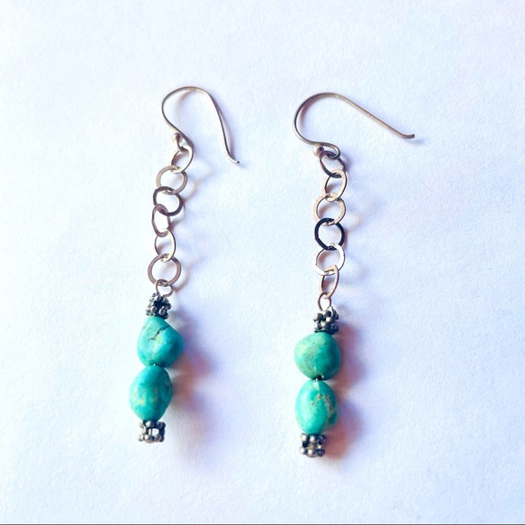S925 and Turquoise Nugget Drop Earrings on delicate Silver link chain - Picture 2 of 7